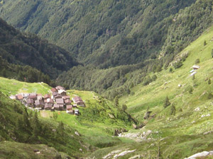 Veduta dallˈalto: Alpe Deleguaccio a sinistra e Alpe Bocc a destra