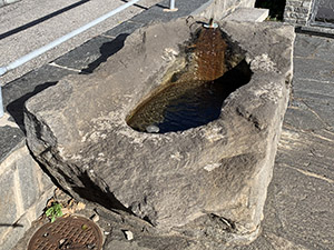 accanto ad una fontana con l'acqua che cade in un masso scavato