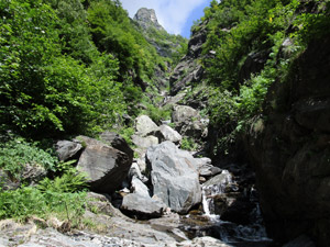 Guado del torrente. In alto si intravede il Rif. Coca