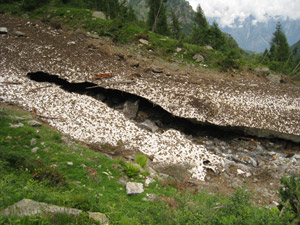 La slavina sul torrente poco prima dellˈAlpe Valle di Sopra