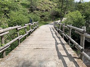 Con questo ponte di legno passiamo alla destra del Torrente Poia