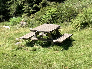 Tavolo con panche in un prato alla sinistra del percorso